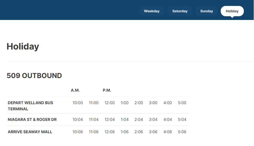 Example of Holiday timetable