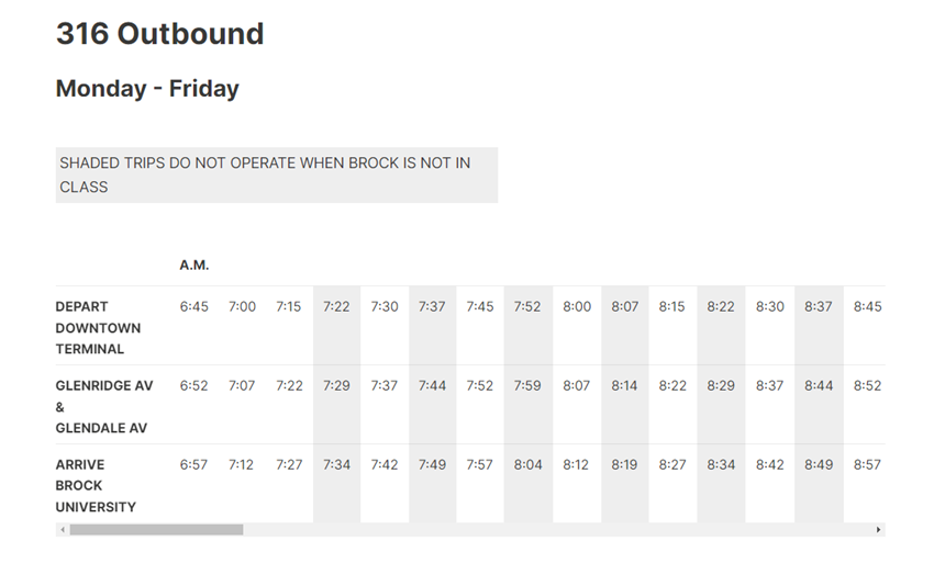 Example of Bus Timetable showing reduced times