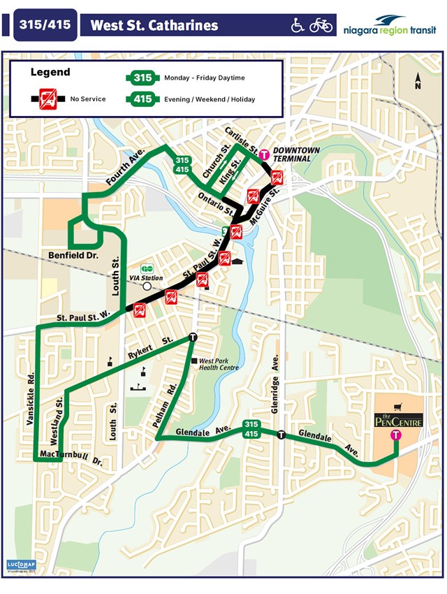 Map showing St. Paul St West detour for Routes 315 and 415